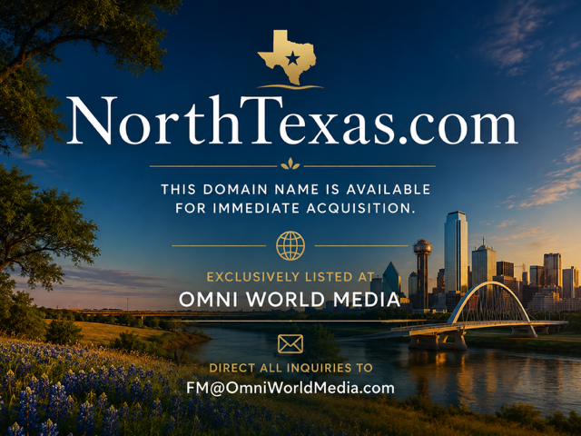 NorthTexas.com — this domain name is available for immediate acquisition. Exclusively listed at Omni World Media. Direct all inquiries to FM@OmniWorldMedia.com.